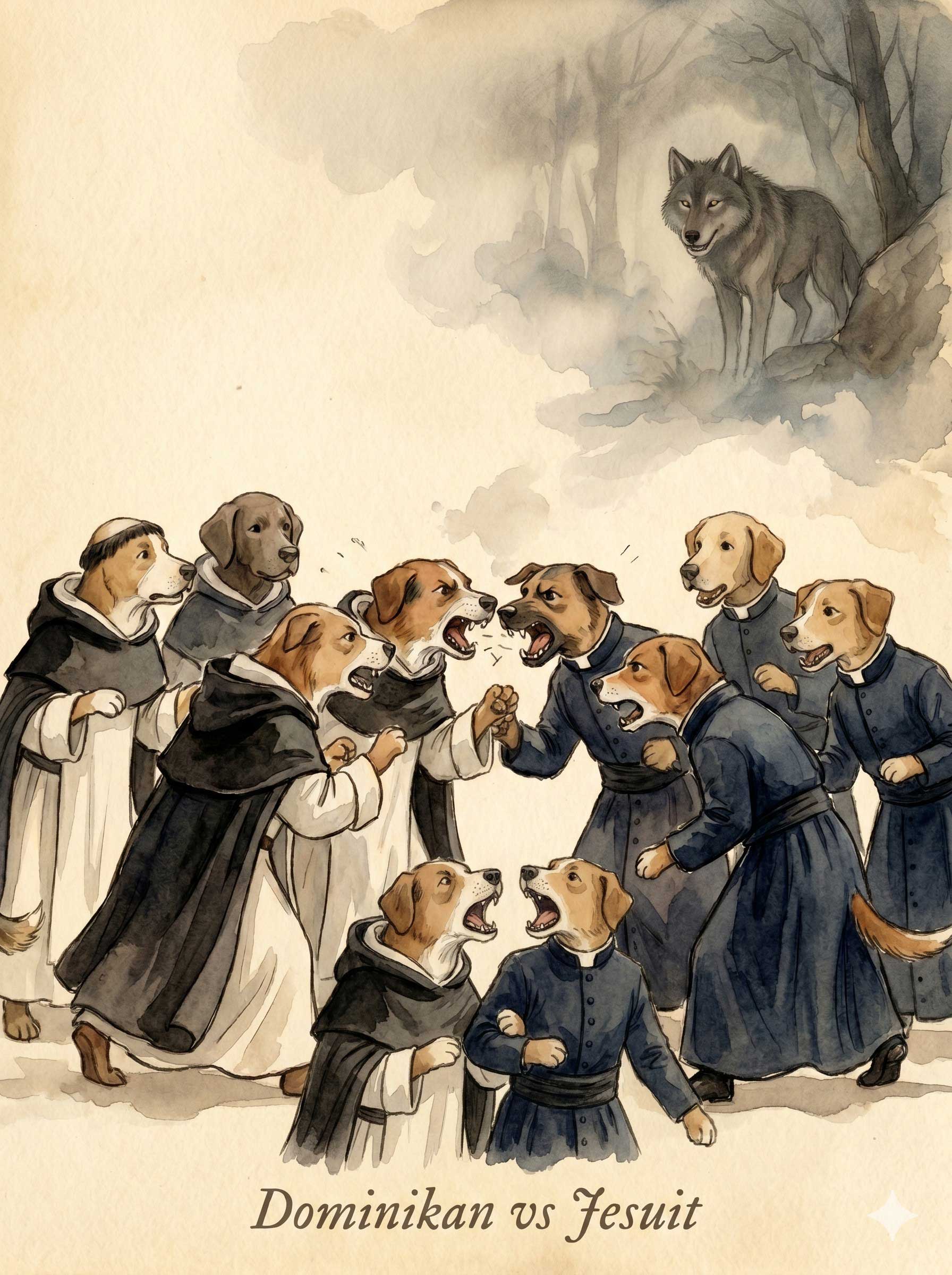 Karikatur cat air: anjing-anjing berpakaian jubah Dominikan dan Jesuit saling berhadapan, sementara serigala mengawasi dari kejauhan